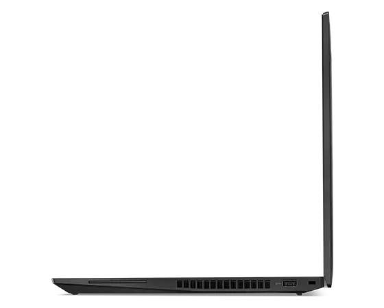Lenovo ThinkPad T16 Gen 2 Notebook, rechtes Seitenprofil, um 90 Grad geöffnet.