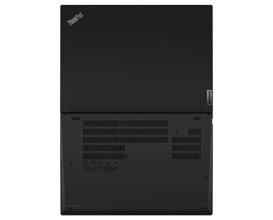 Lenovo ThinkPad T16 Gen 2 Notebook, Ansicht von oben, um 180 Grad geöffnet, mit Blick auf Ober- und Unterseite.
