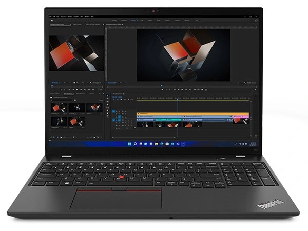 Front-facing Lenovo ThinkPad T16 Gen 2 laptop open 90 degrees, showcasing keyboard with numeric pad & massive display.