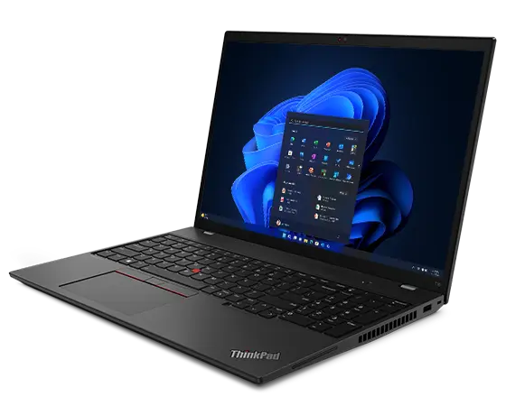 Lenovo ThinkPad T16 Gen 2 (16" AMD) Notebook, Ansicht von oben, um 90 Grad geöffnet, schräg mit Blick auf die Anschlüsse auf der rechten Seite, die Tastatur und das Display.