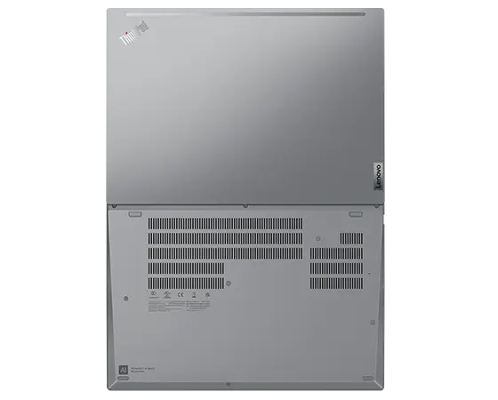 Lenovo ThinkPad T16 Gen 2 Notebook in Storm Grey, Ansicht von oben, um 180 Grad geöffnet, mit Blick auf die Ober- und Unterseite.