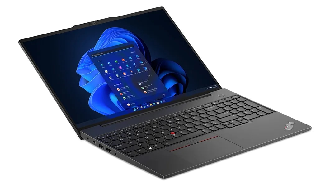Left front view of the Thinkpad E16 Gen 1 (16 AMD), opened beyond 90 degrees
