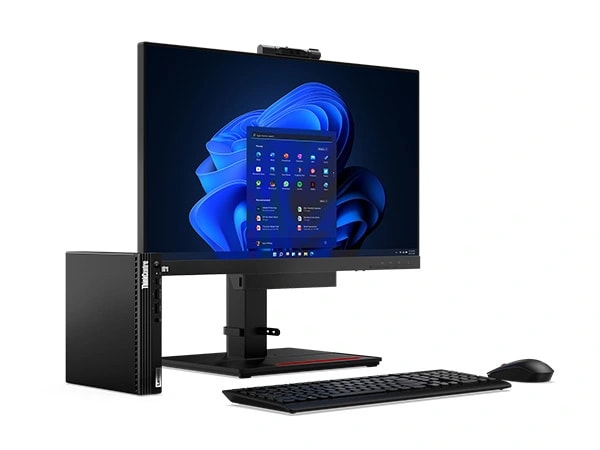Forward-facing Lenovo ThinkCentre M70q Gen 4 Tiny (Intel) PC, at a slight angle, alongside ThinkCentre Tiny-in-One monitor, keyboard & mouse