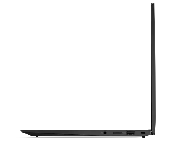 Rechtes Seitenprofil des Lenovo ThinkPad X1 Carbon Gen 10 Notebooks, um 90 Grad geöffnet.