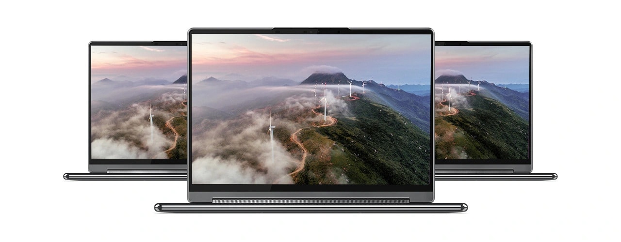Three front views of the Lenovo Yoga 9i Gen 8 (14” Intel) 2-in-1 laptop with an image of windmills along a mountain pass on the display