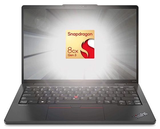 Front-facing Lenovo ThinkPad X13s laptop emphasizing Snapdragon® processor logo on the display.