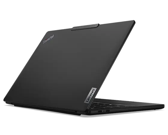 Rear-side of Lenovo ThinkPad X13s laptop open less than 90 degrees and showing left-side ports.