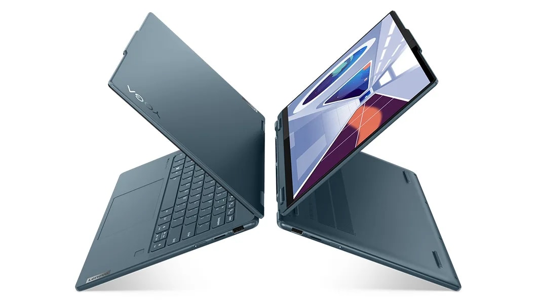 Two Yoga 7 Gen 8 (14, AMD) devices back-to-back, one in laptop mode and one in tent mode