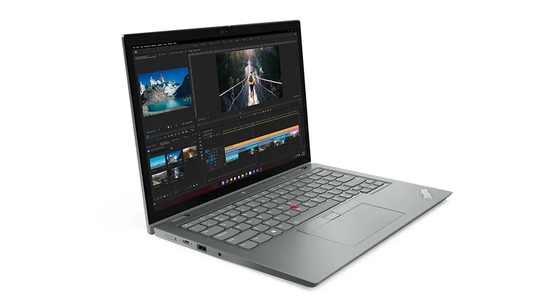 Lenovo ThinkPad L13 Yoga Gen 4 2-in-1 laptop open 90 degrees, angled to show left-side ports.