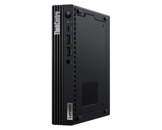 Forward-facing Lenovo ThinkCentre M90q Gen 4 Tiny (Intel) PC, at a slight angle, showing front panel & ports, Lenovo & ThinkCentre logos, & right-side panel