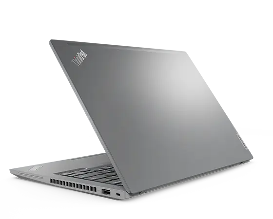 Floating right-side view of Lenovo ThinkPad T14 Gen 4  laptop in Storm Grey, open 180 degrees & showcasing display, keyboard, & ports.