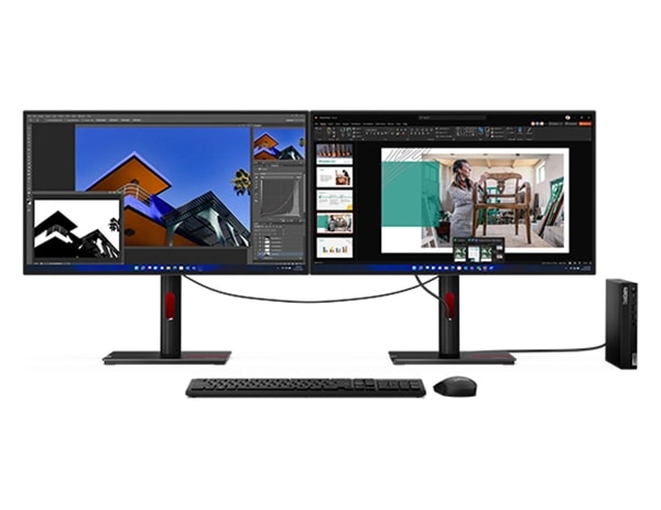 Forward-facing Lenovo ThinkCentre M80q Gen 4 Tiny (Intel) PC, with cables into two ThinkCentre Tiny-in-One monitors, plus keyboard & mouse