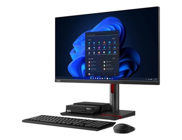 Side-facing Lenovo ThinkCentre M80q Gen 4 Tiny (Intel) PC, alongside a ThinkCentre Tiny-in-One monitor, plus wireless keyboard & mouse