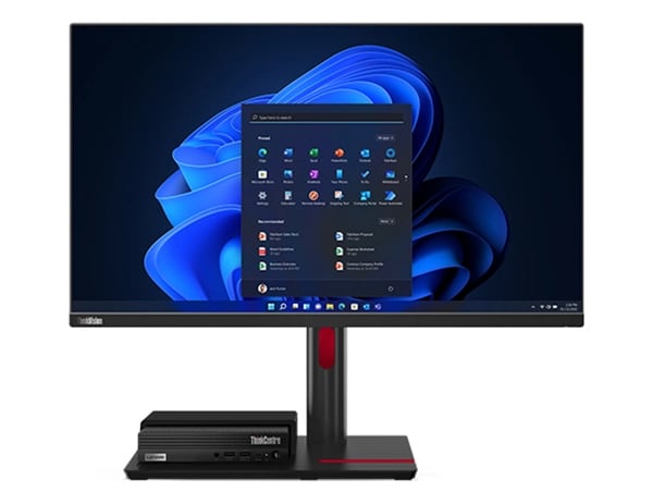 Forward-facing Lenovo ThinkCentre M80q Gen 4 Tiny (Intel) PC, with cables into a ThinkCentre Tiny-in-One monitor, plus keyboard & mouse