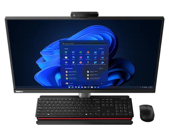 Elevated view of forward-facing Lenovo ThinkCentre M90a Pro Gen 4 (27″ Intel) all-in-one PC, showing display and stand, plus wireless mouse