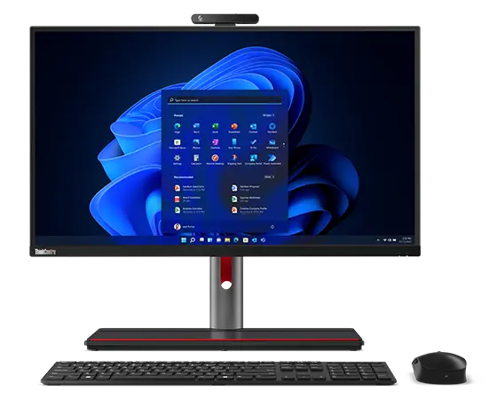 Forward-facing Lenovo ThinkCentre M90a Pro Gen 4 (27″ Intel) all-in-one PC, showing display and stand, plus wireless keyboard and mouse