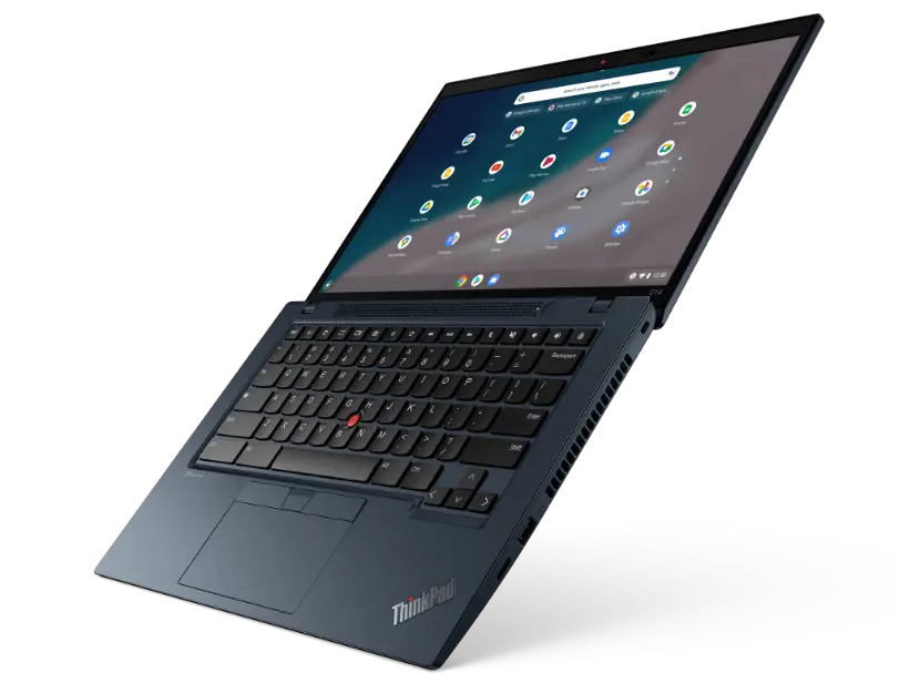 Lenovo ThinkPad C14 Chromebook Enterprise (14” Intel), opened 180 degrees, with keyboard edge pointing down to the left, and display edge pointing up to the right, showing keyboard & display