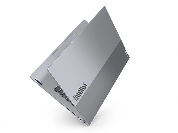 ThinkBook 14 Gen 6 (14″ Intel) laptop—right-rear view, balanced on right rear corner, lid slightly open