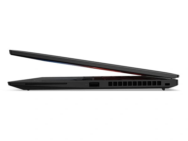 Lenovo ThinkPad T14s Gen 4 Notebook in Deep Black, Profilansicht von rechts, nur wenig geöffnet.