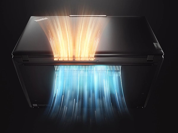 Rear-side of the Lenovo ThinkPad X13 Gen 4 laptop showcasing ventilation with shooting colored lights coming out.