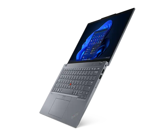 Lenovo ThinkPad X13 Gen 4 Notebook in Arctic Grey, um 180° aufgeklappt, Seitenprofil von rechts.