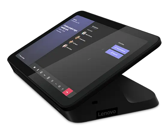 Side on view of Lenovo IP Controller, a 10-point multitouch HD display to control ThinkSmart One for Microsoft Teams Rooms, showing Teams interface