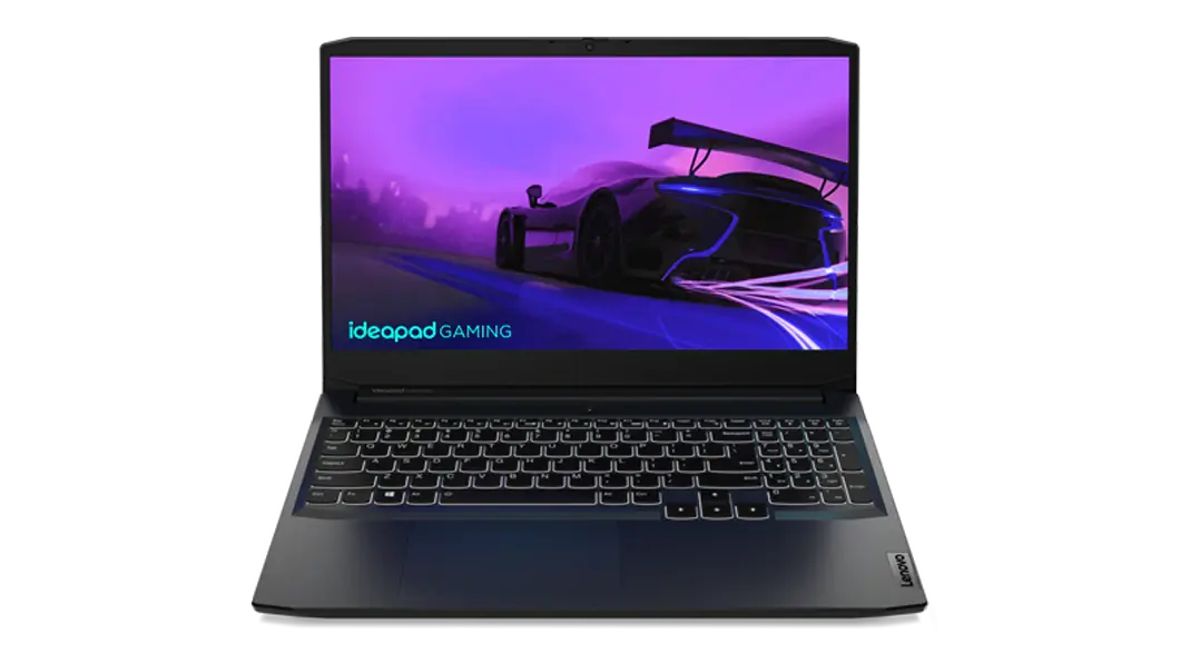 Lenovo IdeaPad Gaming 3i Gen 6 (15” Intel) laptop—front view with lid open and image of racecar on the display