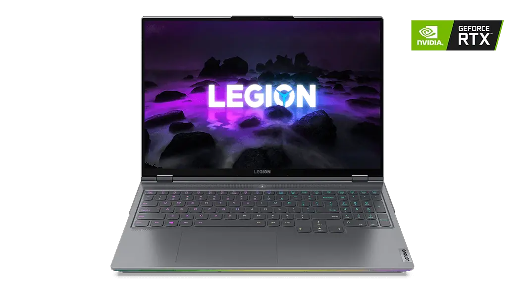 Vista frontal de la laptop gaming Legion 7 6ta Gen (16”, AMD) abierta