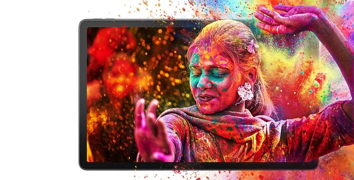 Lenovo Tab P11 tablet 2K display showing person covered in bright colors loading