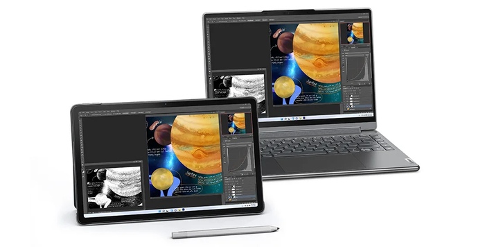 Two Lenovo Tab P11 tablets with optional pen and keyboard