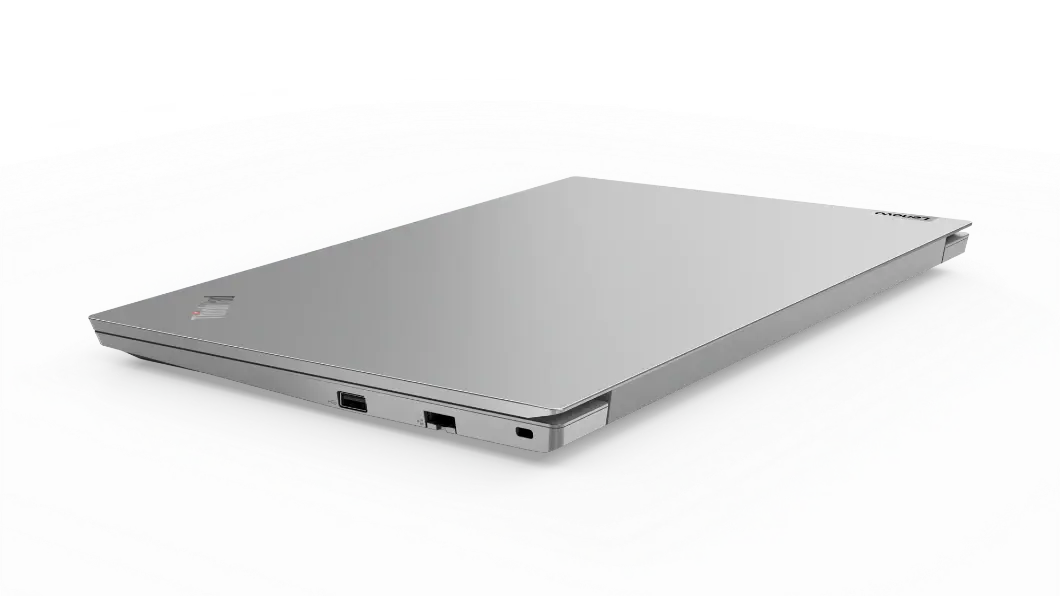 Rear left three-quarter view of closed silver Lenovo ThinkPad E15 Gen 2