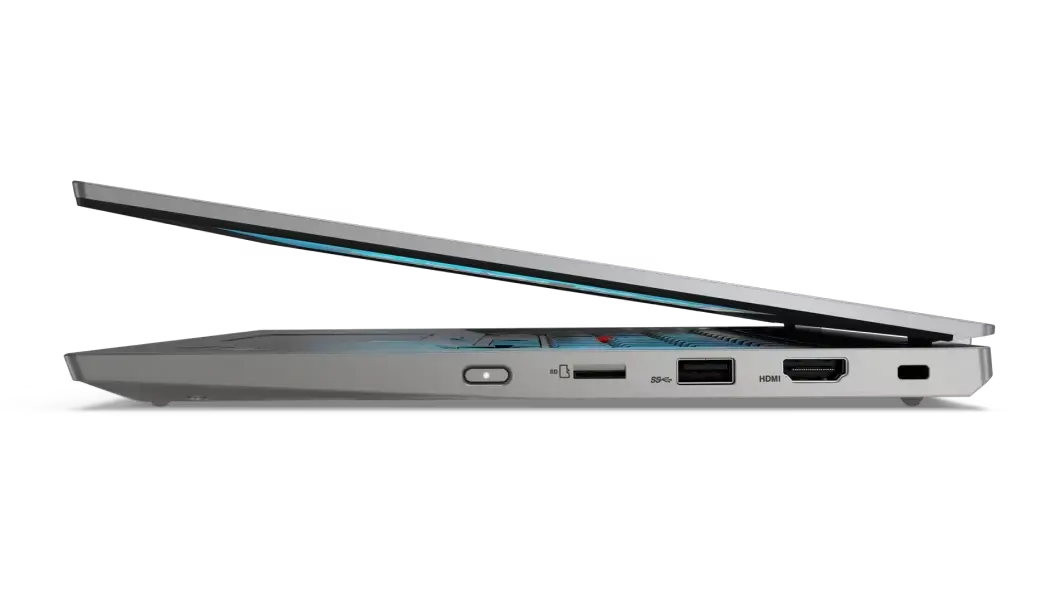 Vista del lateral derecho de la notebook Lenovo ThinkPad L13 de 2da generación en color silver (plateado) abierta a 45 grados