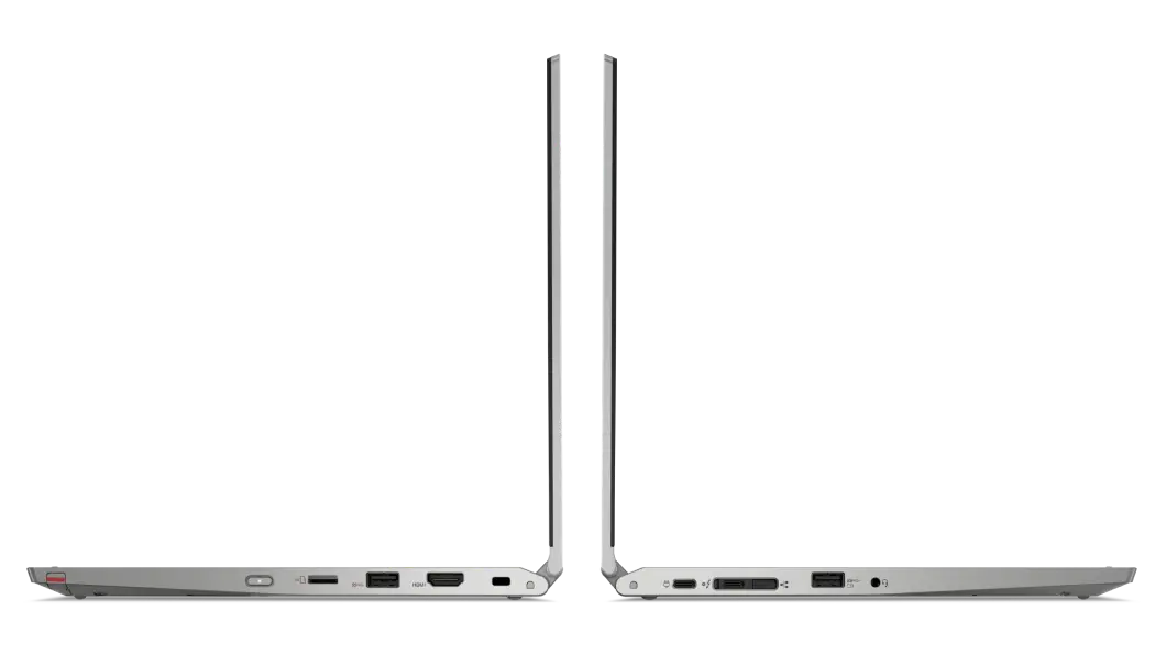 Vistas del lateral izquierdo y derecho de dos laptops Lenovo ThinkPad 2 en 1 L13 Yoga de 2.ª gen mirando en direcciones opuesta abiertas a 90 grados