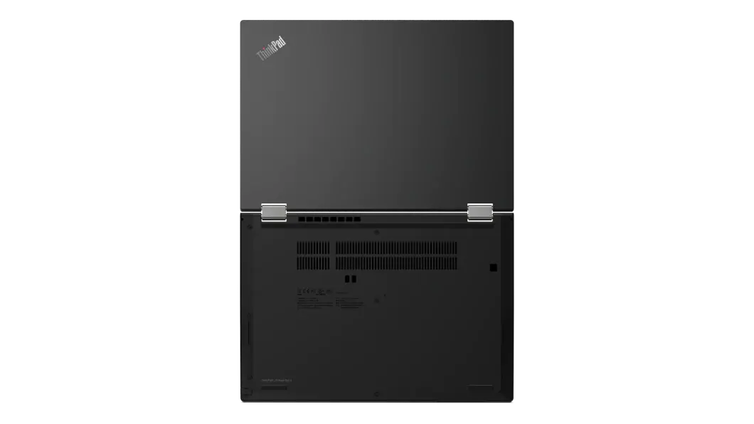 Vista trasera de la laptop Lenovo 2 en 1 ThinkPad L13 Yoga 2da Gen abierta a 180°