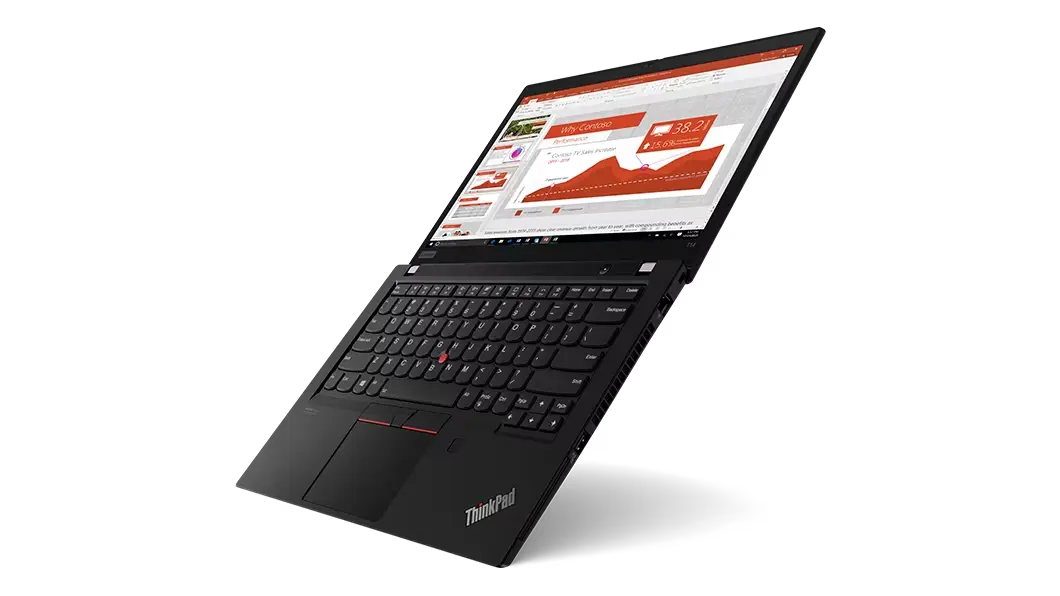 Laptop Lenovo ThinkPad T14 de 2da generación (14”, AMD) vista de semiperfil, abierta a poco más de 90° con la vista de inicio en su pantalla