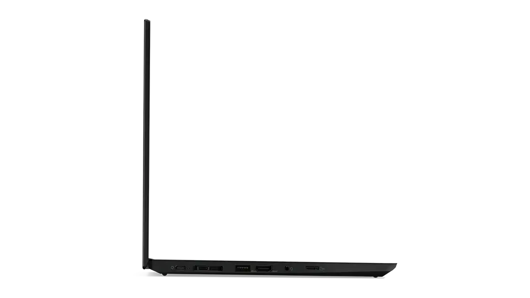 Perfil del lateral derecho de la laptop Lenovo ThinkPad T14 de 2da generación (14”, AMD) abierta en un ángulo de 90°