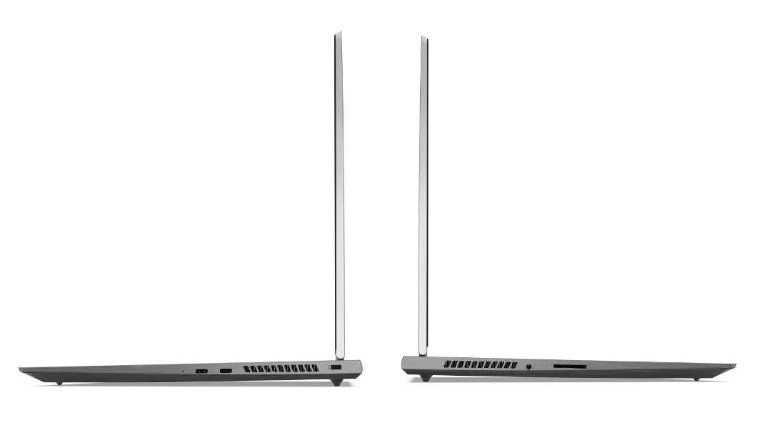 Imagen de ambos perfiles de la laptop Lenovo ThinkBook 16p 2da Gen (16”, AMD) abierta a 90°