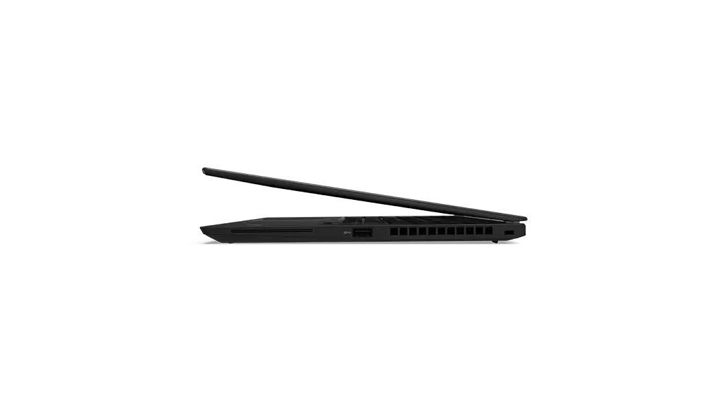 Profile of Lenovo ThinkPad T14s Gen 2 laptop in Black open about 10 degrees, showing right-side ports.