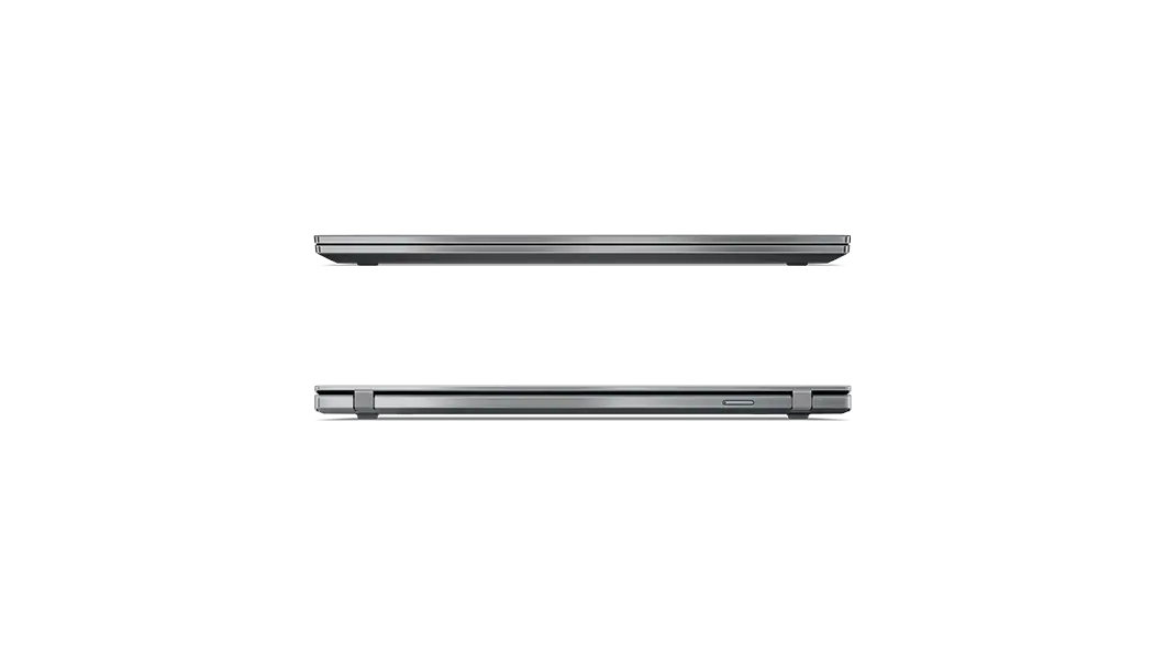 Two Lenovo ThinkPad T14s Gen 2 laptops in Storm Grey closed, showing front and rear profiles.