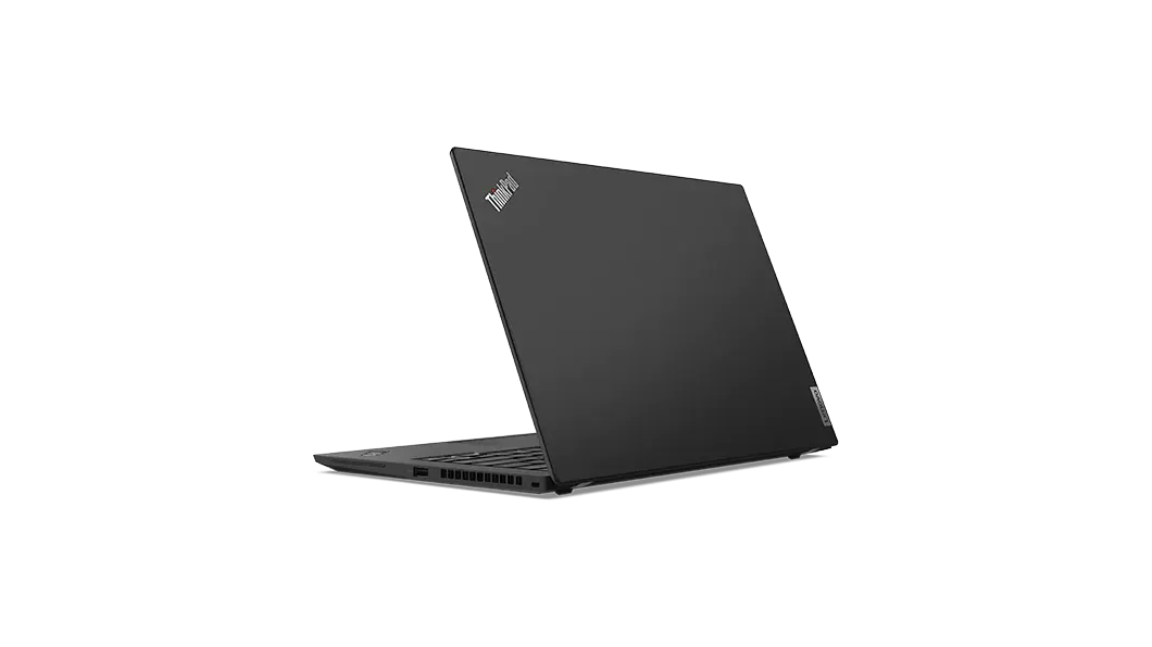 Rear view of Lenovo ThinkPad T14s Gen 2 laptop in Black open 90 degrees and angled to show right-side ports.