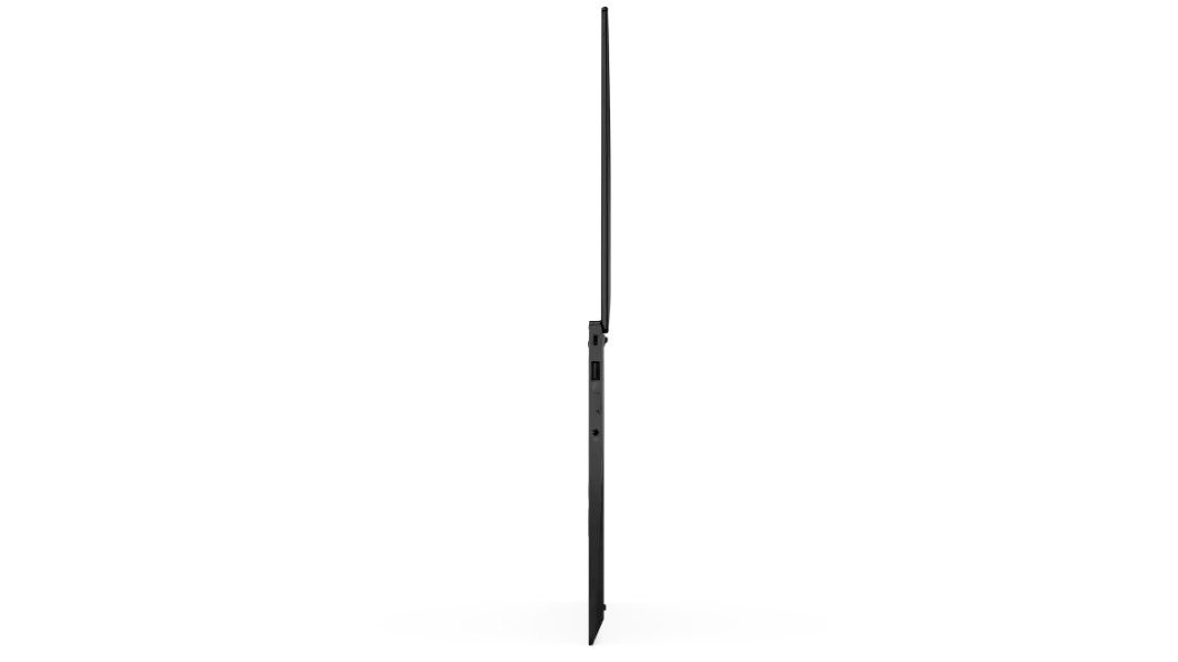 Vista del ultradelgado perfil de la laptop ThinkPad X1 Carbon 9na Gen abierta a 180°
