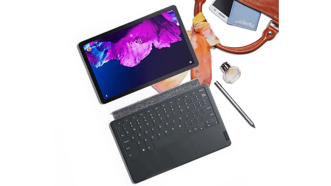 Overhead view of Lenovo Tab P11 tablet in Slate Gray with detached keyboard and pen