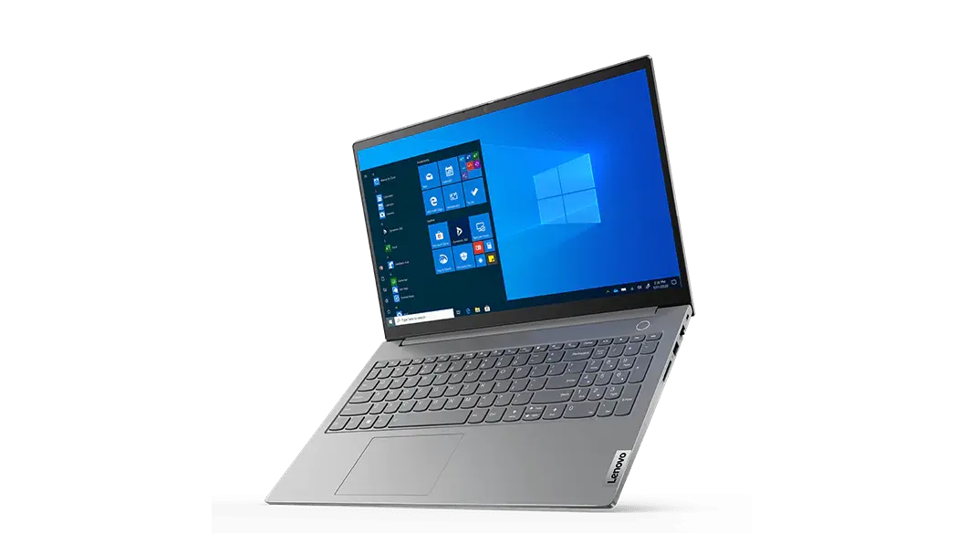 Right three-quarter view of Lenovo ThinkBook 15 Gen 2 tilted to sit on its front