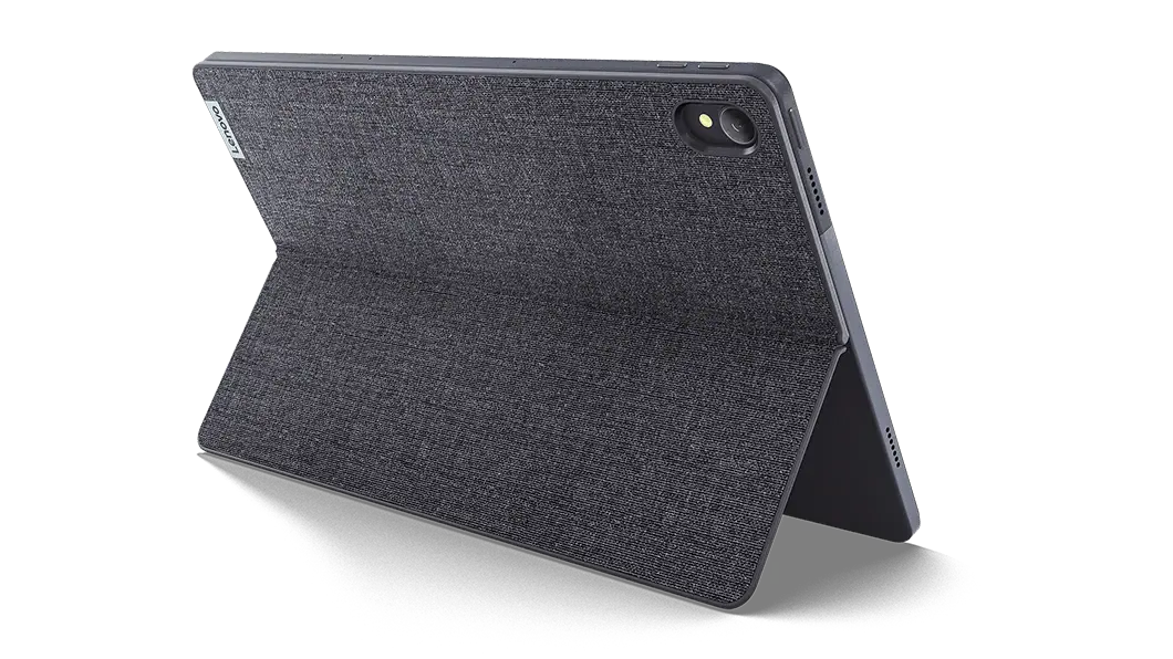 ¾ rear view of Lenovo Tab P11 tablet in Slate Gray with folio stand