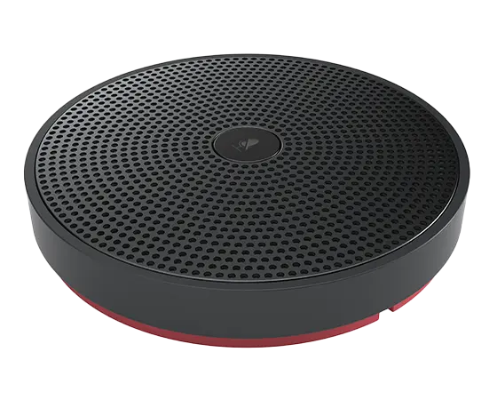 Close up aerial view of standalone mic pod, round black speaker-like device, part of Lenovo ThinkSmart Core Full Kit with IP Controller for Teams
