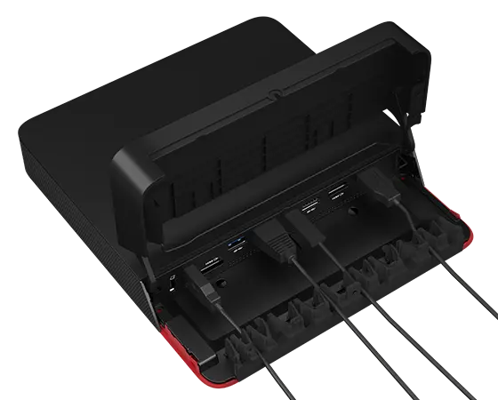 Aerial side view of ThinkSmart Core for Zoom Rooms computing device, showing various plugged-in cables, part of Lenovo ThinkSmart Core Full Kit with IP Controller for Zoom Rooms 
