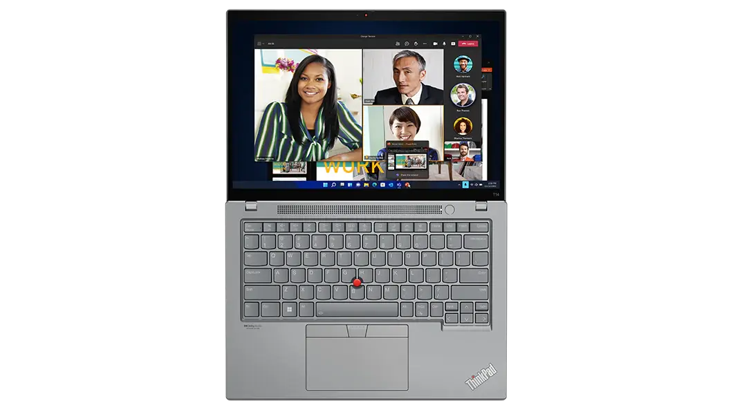 Vista superior del ThinkPad T14 de 3.ª generación (14 AMD), abierto a 180 grados, se ve la pantalla y el teclado