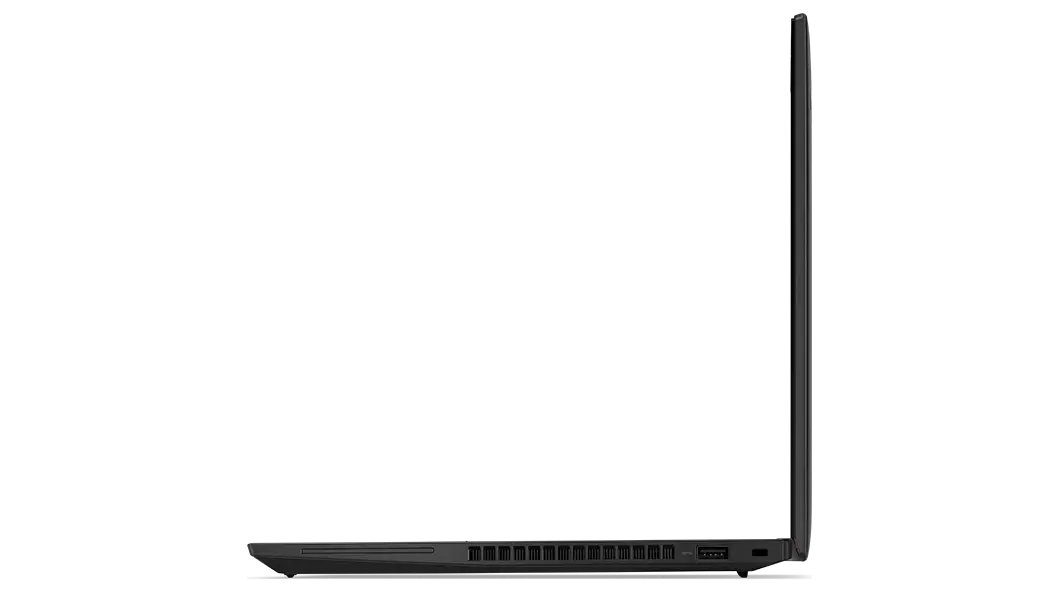 Vista del lateral derecho del ThinkPad T14 de 3.ª generación (14 AMD), abierto 90 grados, se ve el perfil fino de la pantalla y el teclado.