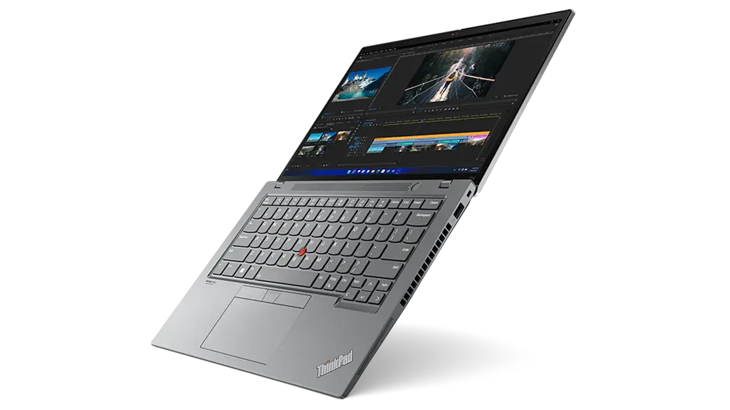 Vista frontal del lado derecho del ThinkPad T14 de 3.ª generación (14 AMD), abierto, en ángulo, de arriba a abajo, se ve el teclado y la pantalla