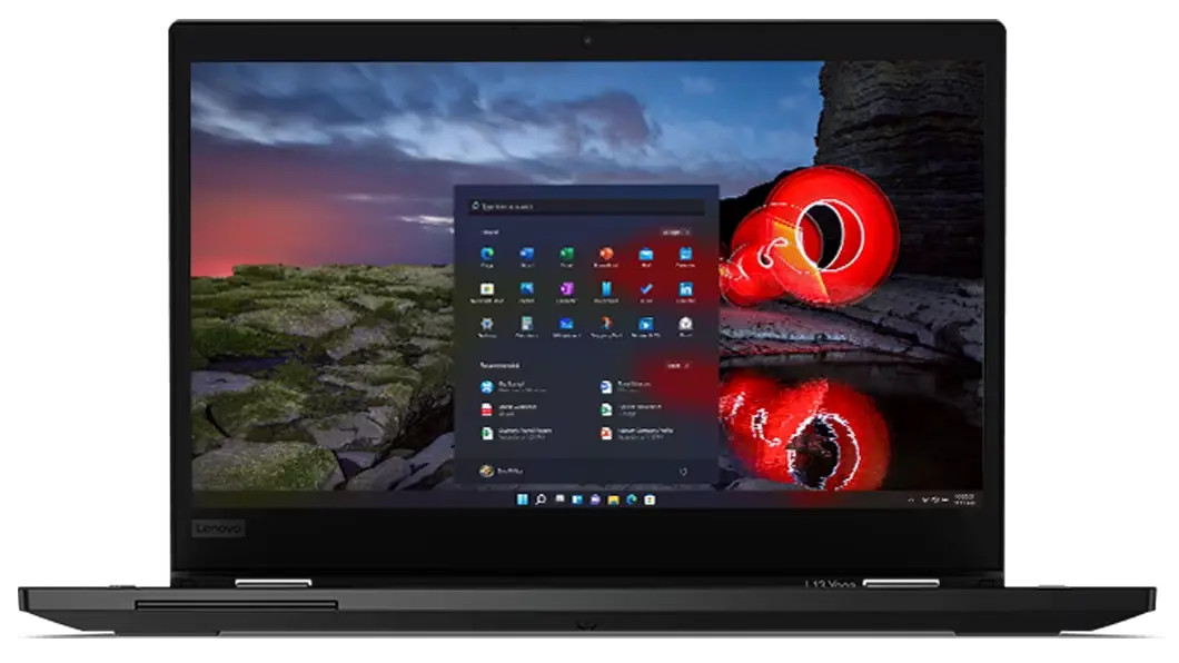 Vista frontal de la ThinkPad L13 Yoga 2da Gen (13&quot;, AMD) con la pantalla prendida.
